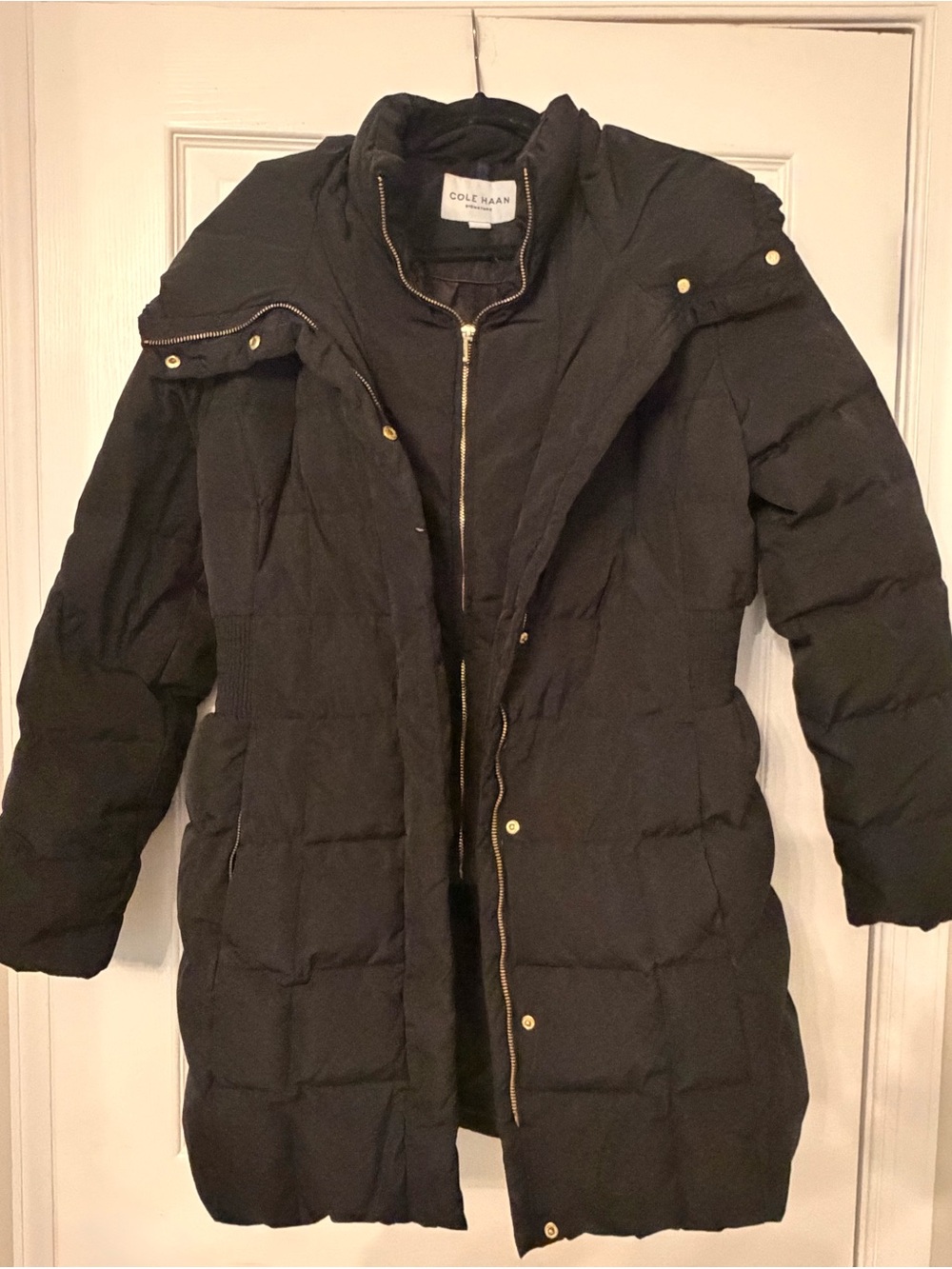 Cole Haan Black Quilted Long Puffer with Gold-Tone Hardware